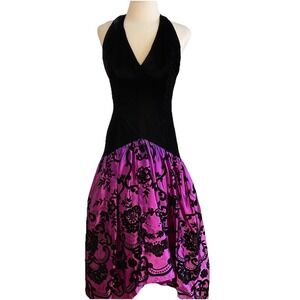 Gunne‎ Sax Vtg 80s Gothic Dress Black Purple Burnout Velvet Halter Fairy  7/8